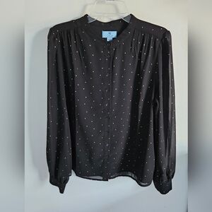 Ce Ce Blouse Gold Metallic Dots Black Long Sleeve